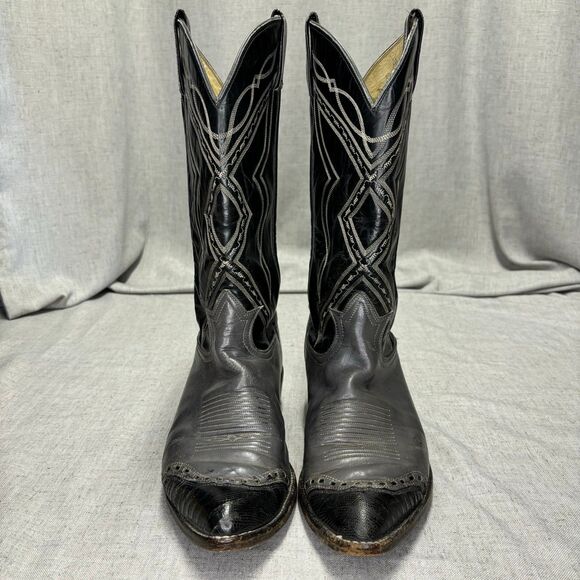 Tony Lama Vintage Cowboy Boots Grey Black Leather Western Top Stitching Size 9 - Picture 3 of 11